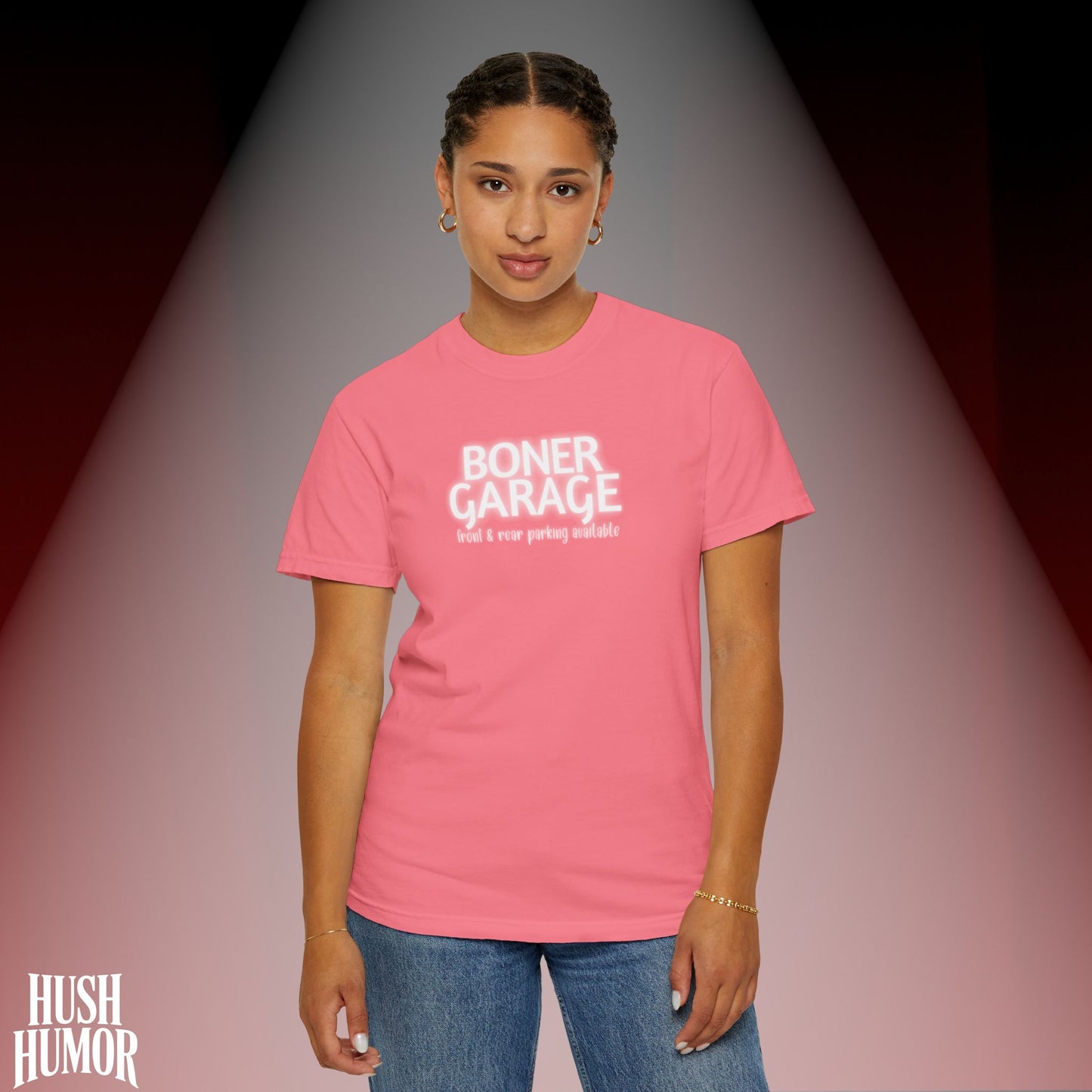 Boner Garage T-Shirt | Funny Naughty Graphic Tee for Women | Raunchy Dirty Suggestive Shirt | NSFW Inappropriate Sex Humor Shirt