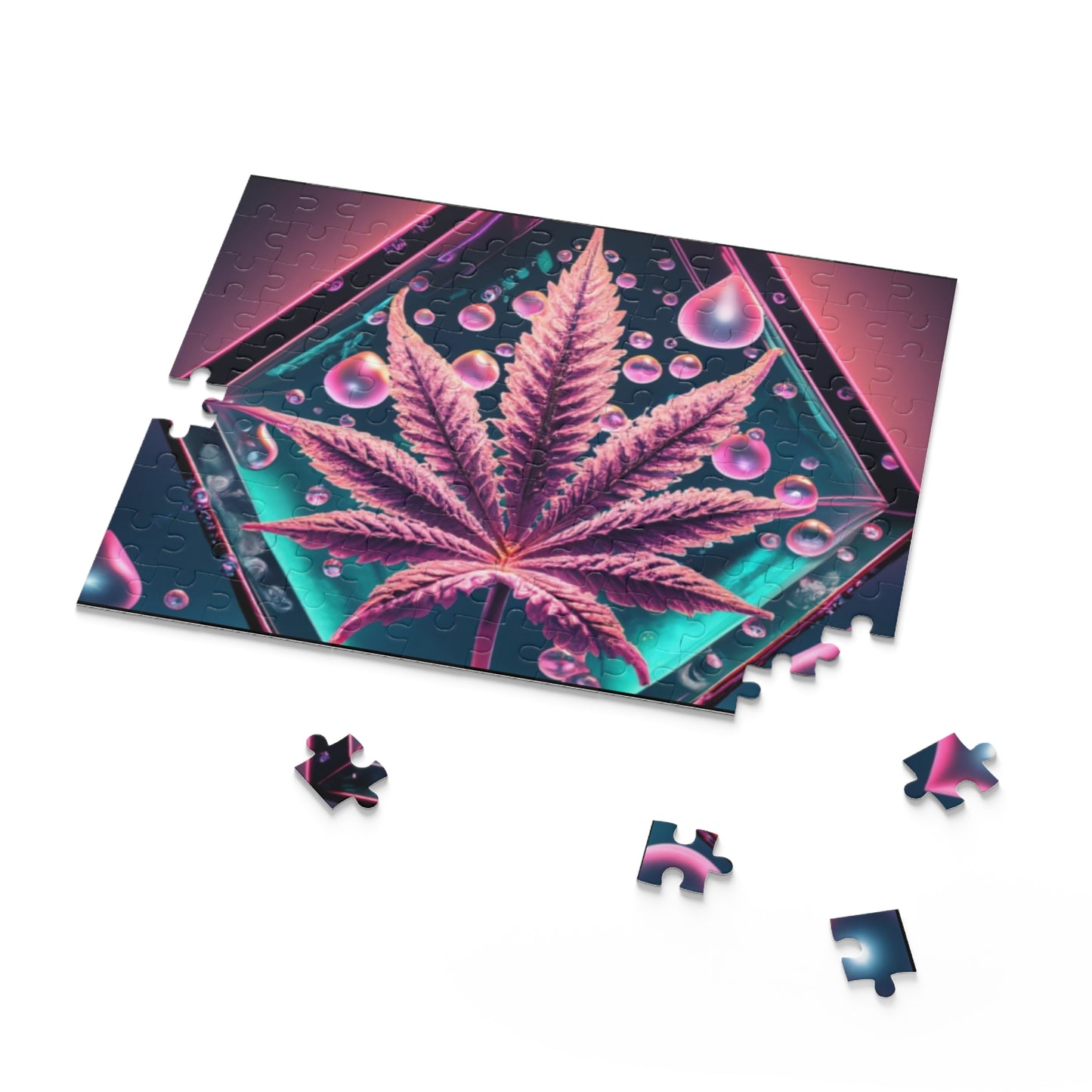 Pink Neon Leaf Puzzle – Edgy Pop Art Jigsaw with Drip Details | Bold Gift for Chill Minds