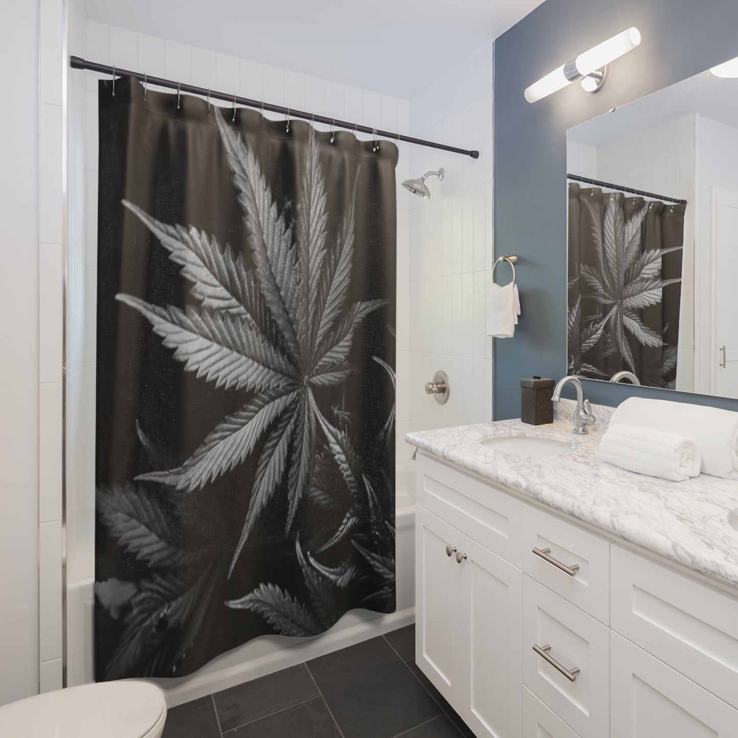 Dark Weed Marijuana Print Shower Curtain, Unique 420 Bathroom Dark Décor, Weed Gift