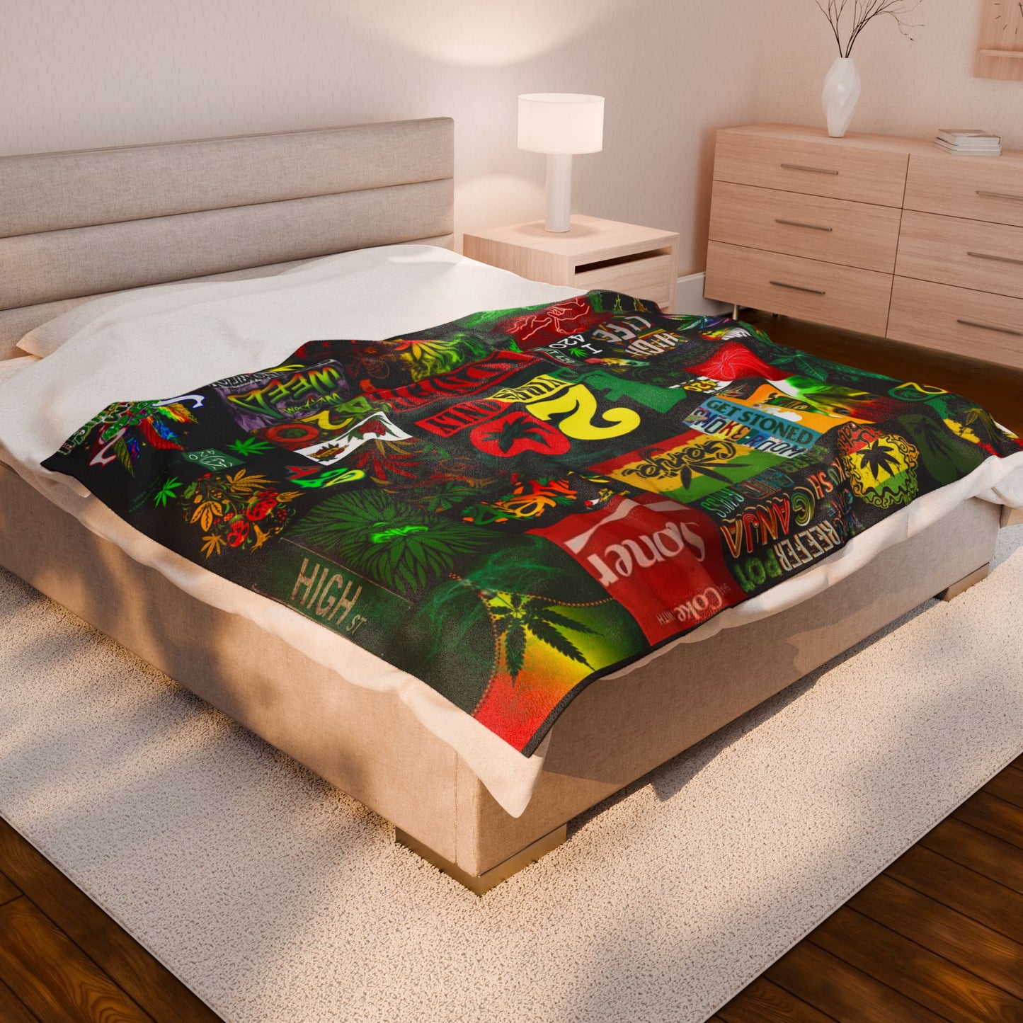 Velveteen Plush Blanket - Weed Blanket SMASH 420 Rasta Design