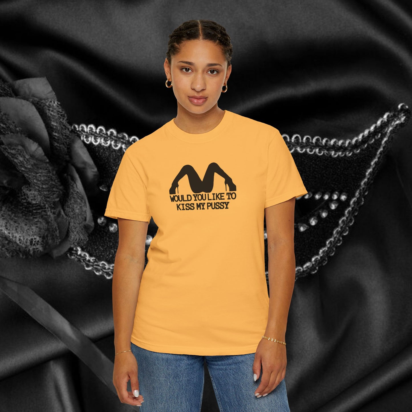 Would You Like to Kiss My P*ssy funny Ladies T-Shirt, Inappropriate NSFW Comfort Color Pepper tee