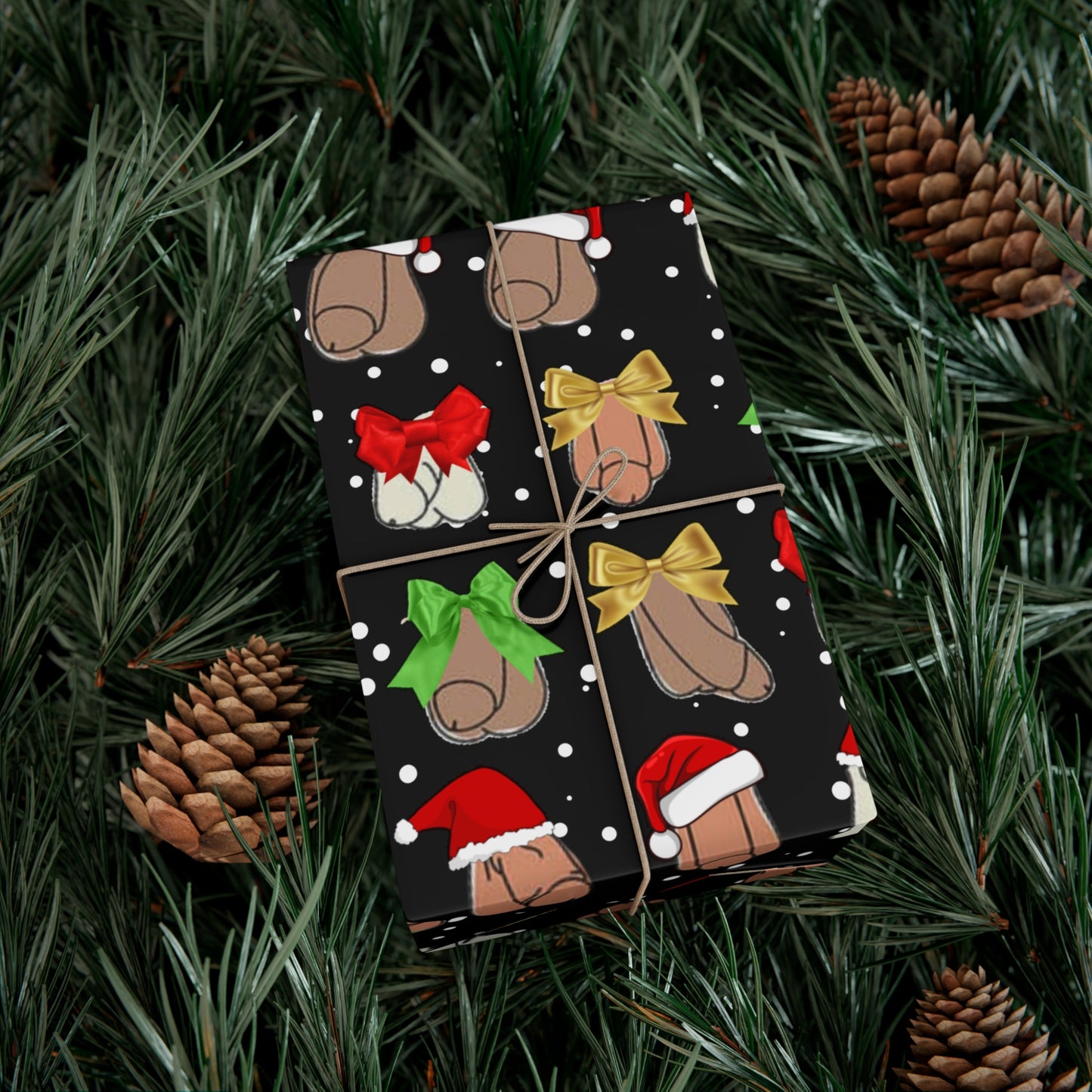 Penises in Christmas Hats Wrapping Paper – Funny Adult Christmas Gift Wrap, Offensive Holiday Paper