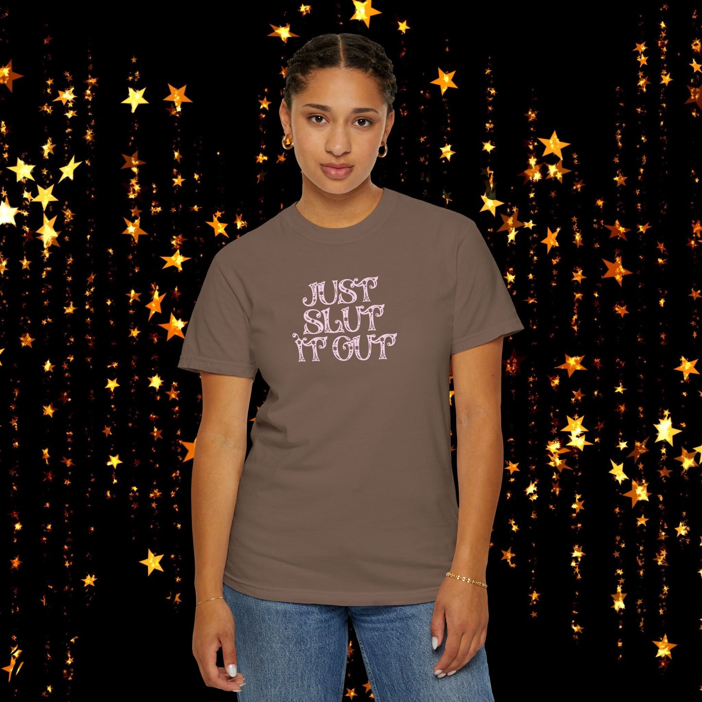 Just Slut it Out, NSFW Rude party apparel, fun trendy summer party tshirt