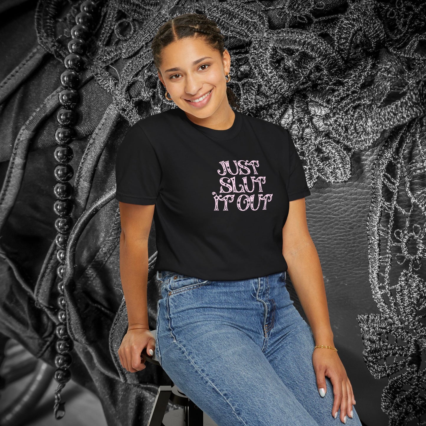 Just Slut it Out, NSFW Rude party apparel, fun trendy summer party tshirt