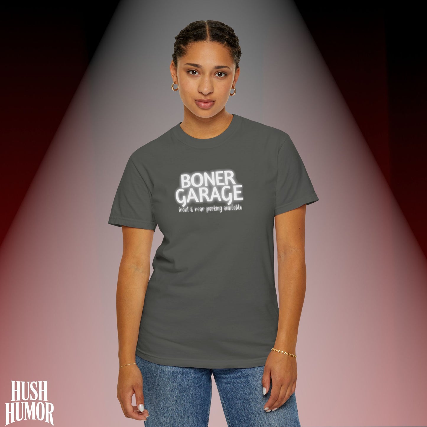 Boner Garage T-Shirt | Funny Naughty Graphic Tee for Women | Raunchy Dirty Suggestive Shirt | NSFW Inappropriate Sex Humor Shirt