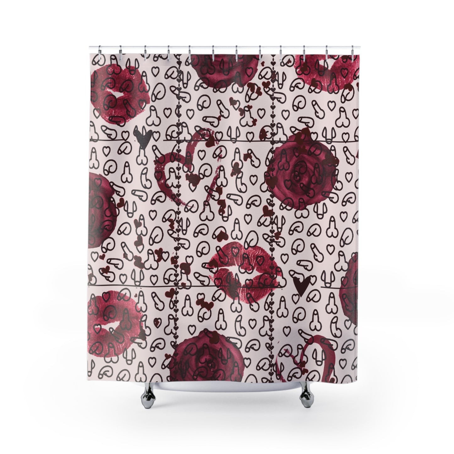 Naughty Shower Curtain – Sexy Penis Bathroom Decor with Roses & Hearts, Funny Gift for Couples