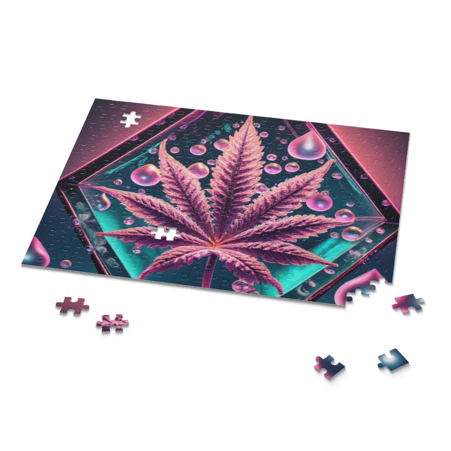 Pink Neon Leaf Puzzle – Edgy Pop Art Jigsaw with Drip Details | Bold Gift for Chill Minds