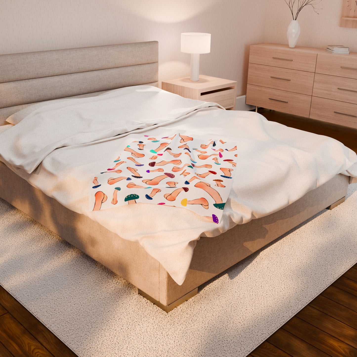 White Mushroom Capped Penis Blanket – Fun Adult Gift, Cozy Velveteen Plush Throw, Offensive Gag Gift
