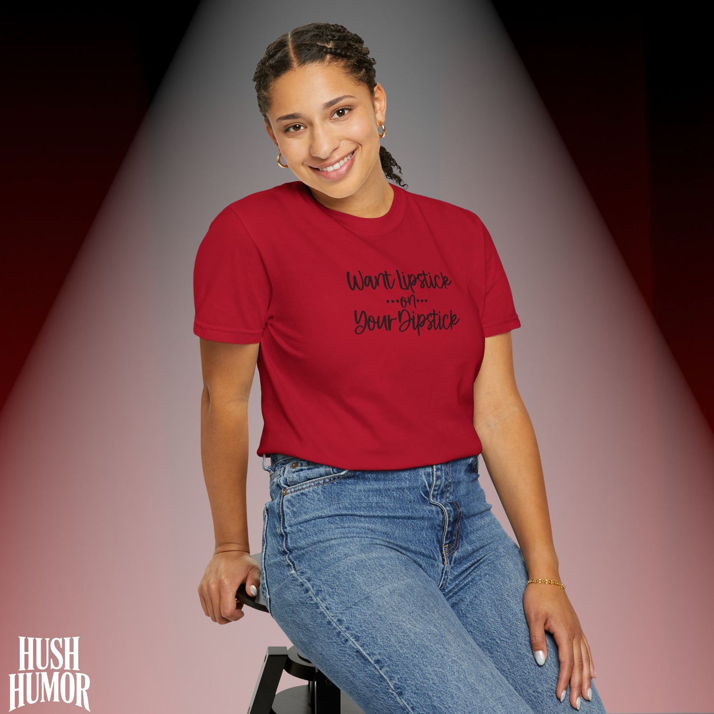 Lipstick on Your Dipstick T-Shirt | Naughty FEMdom Oral Art Tee for Women | Dirty Funny Sex Shirt | Inappropriate Bold Adult Party Apparel