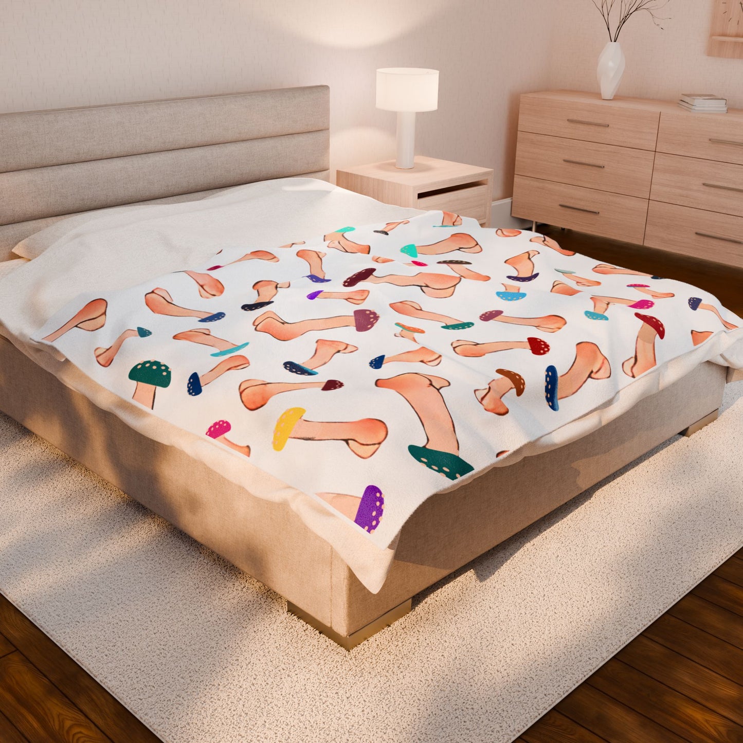 White Mushroom Capped Penis Blanket – Fun Adult Gift, Cozy Velveteen Plush Throw, Offensive Gag Gift