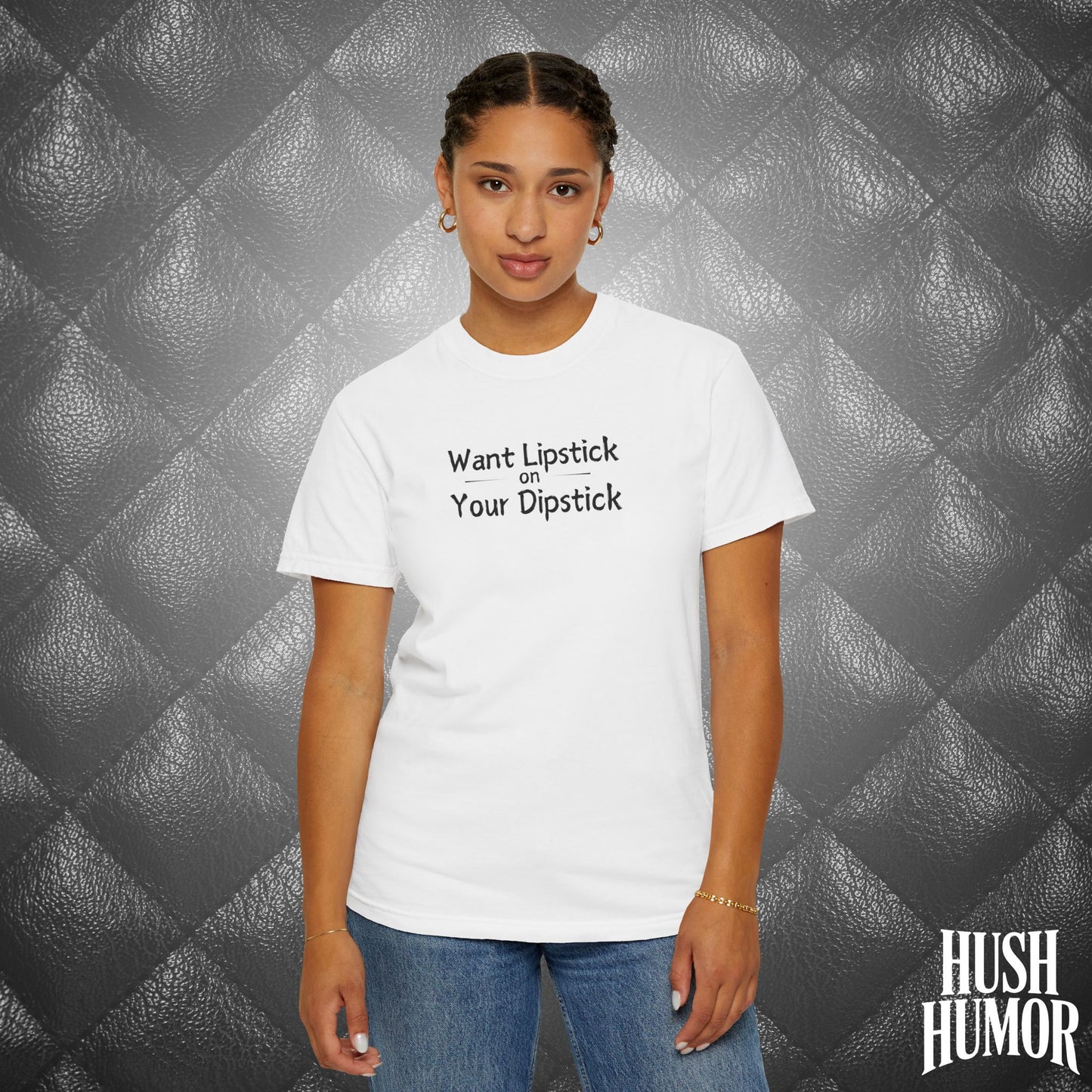 Lipstick on Your Dipstick T-Shirt | Naughty fun Oral Skils Tee for Women | Dirty Funny Sex Shirt | Inappropriate Bold Adult Party Apparel