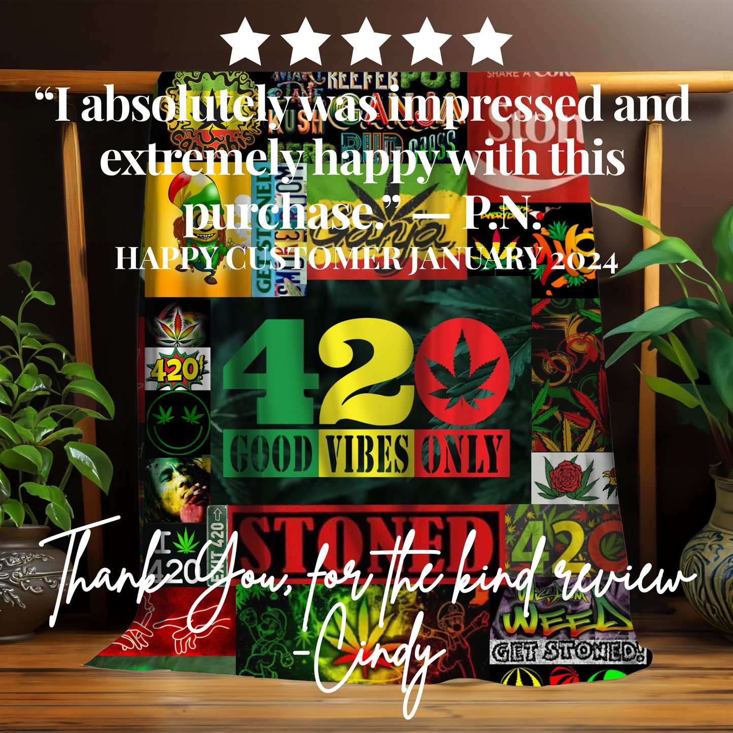 Velveteen Plush Blanket - Weed Blanket SMASH 420 Rasta Design