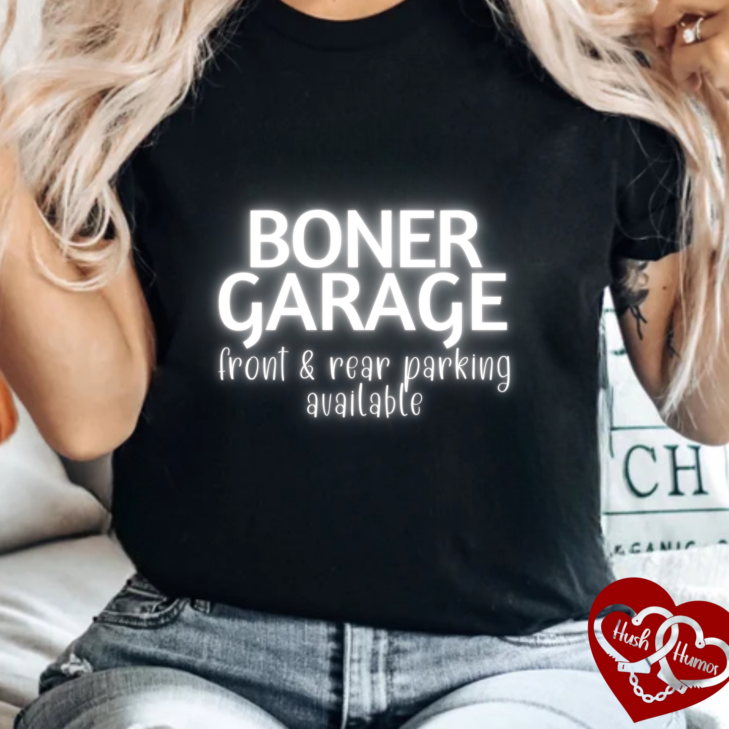 Boner Garage T-Shirt | Funny Naughty Graphic Tee for Women | Raunchy Dirty Suggestive Shirt | NSFW Inappropriate Sex Humor Shirt