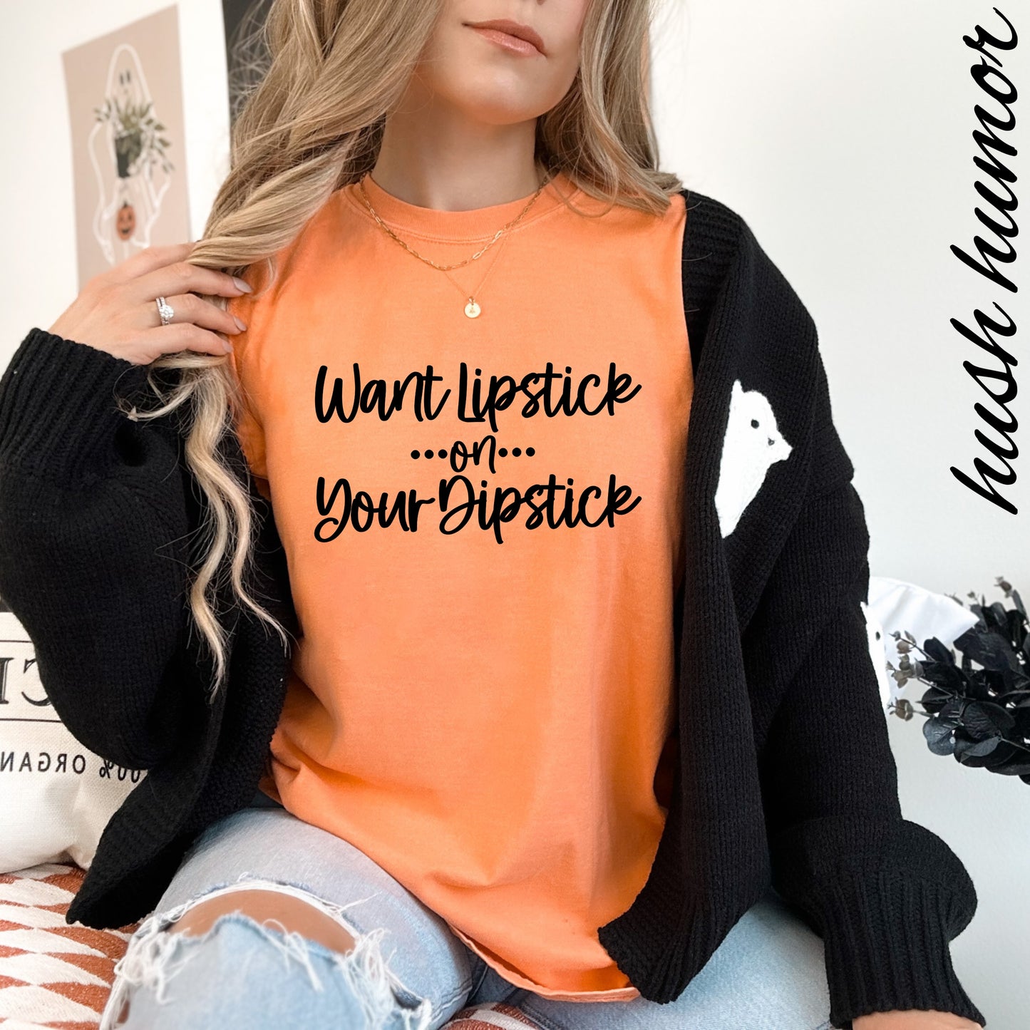 Lipstick on Your Dipstick T-Shirt | Naughty FEMdom Oral Art Tee for Women | Dirty Funny Sex Shirt | Inappropriate Bold Adult Party Apparel
