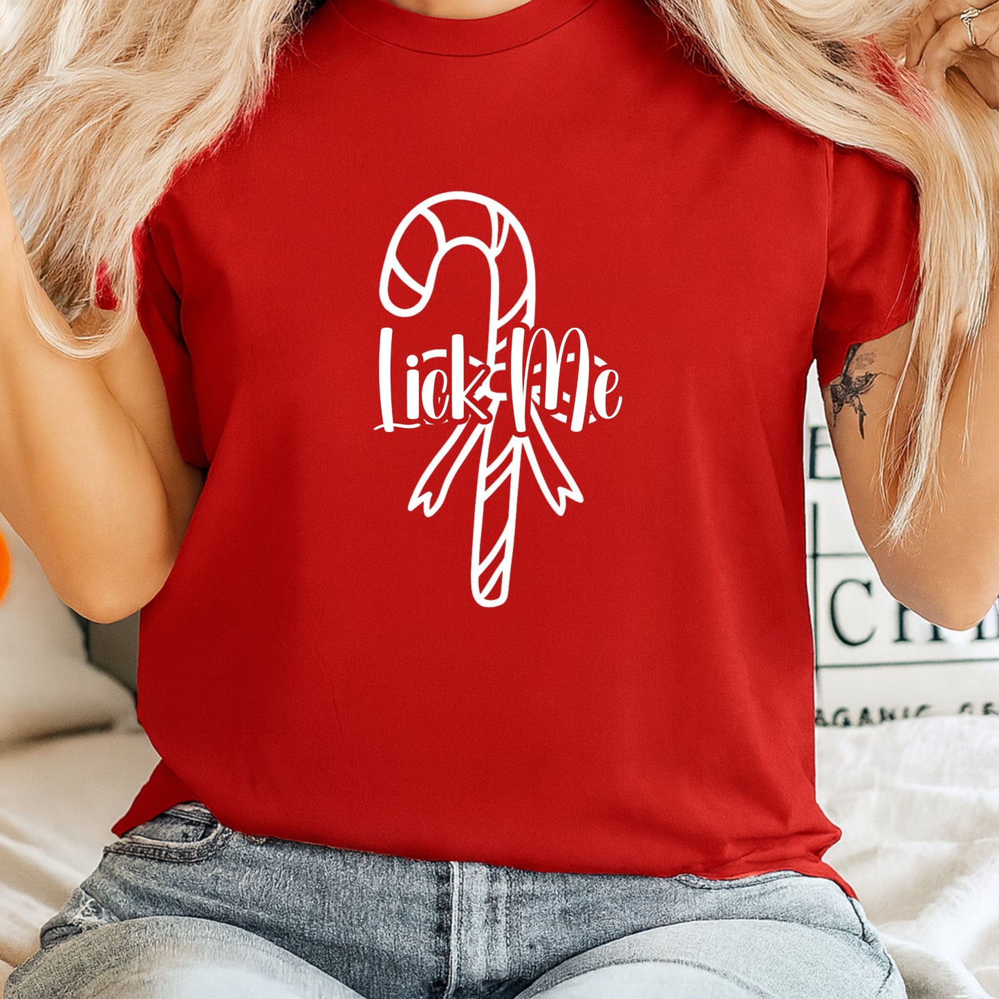 Lick Me Naughty Candy Cane Christmas Tee – Funny Adult NSFW Holiday Party Shirt