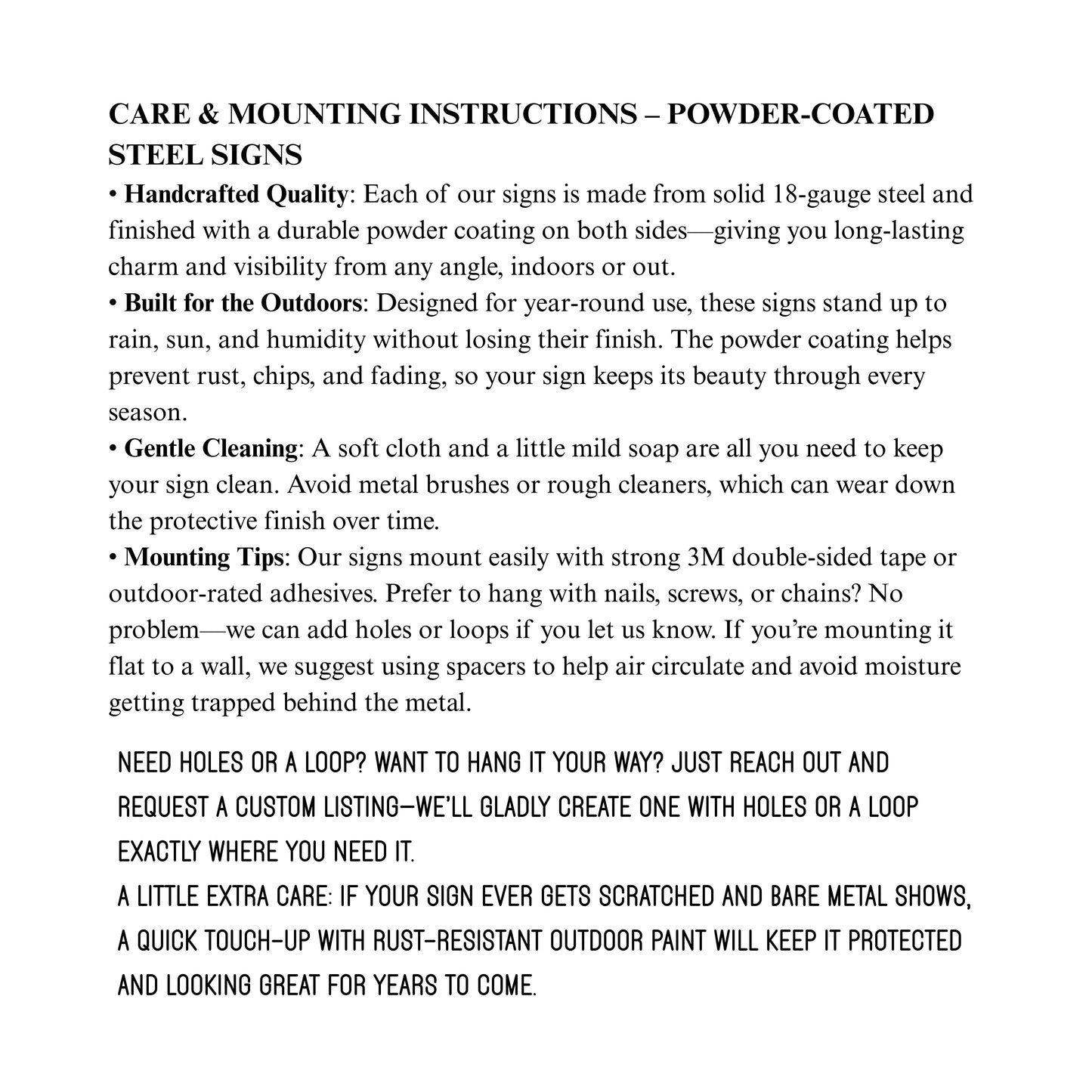 Care and mounting instructions for powder-coated steel signs on a white background