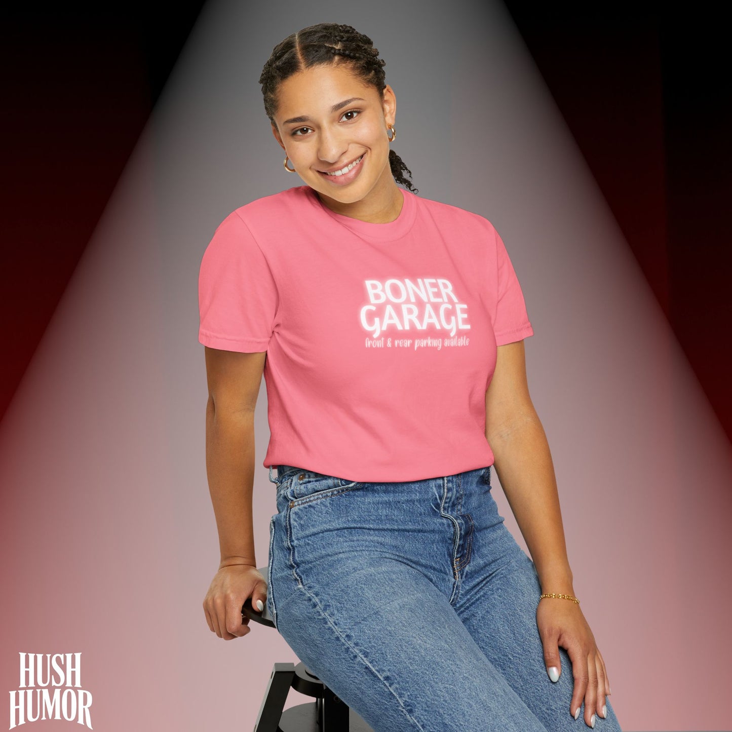 Boner Garage T-Shirt | Funny Naughty Graphic Tee for Women | Raunchy Dirty Suggestive Shirt | NSFW Inappropriate Sex Humor Shirt