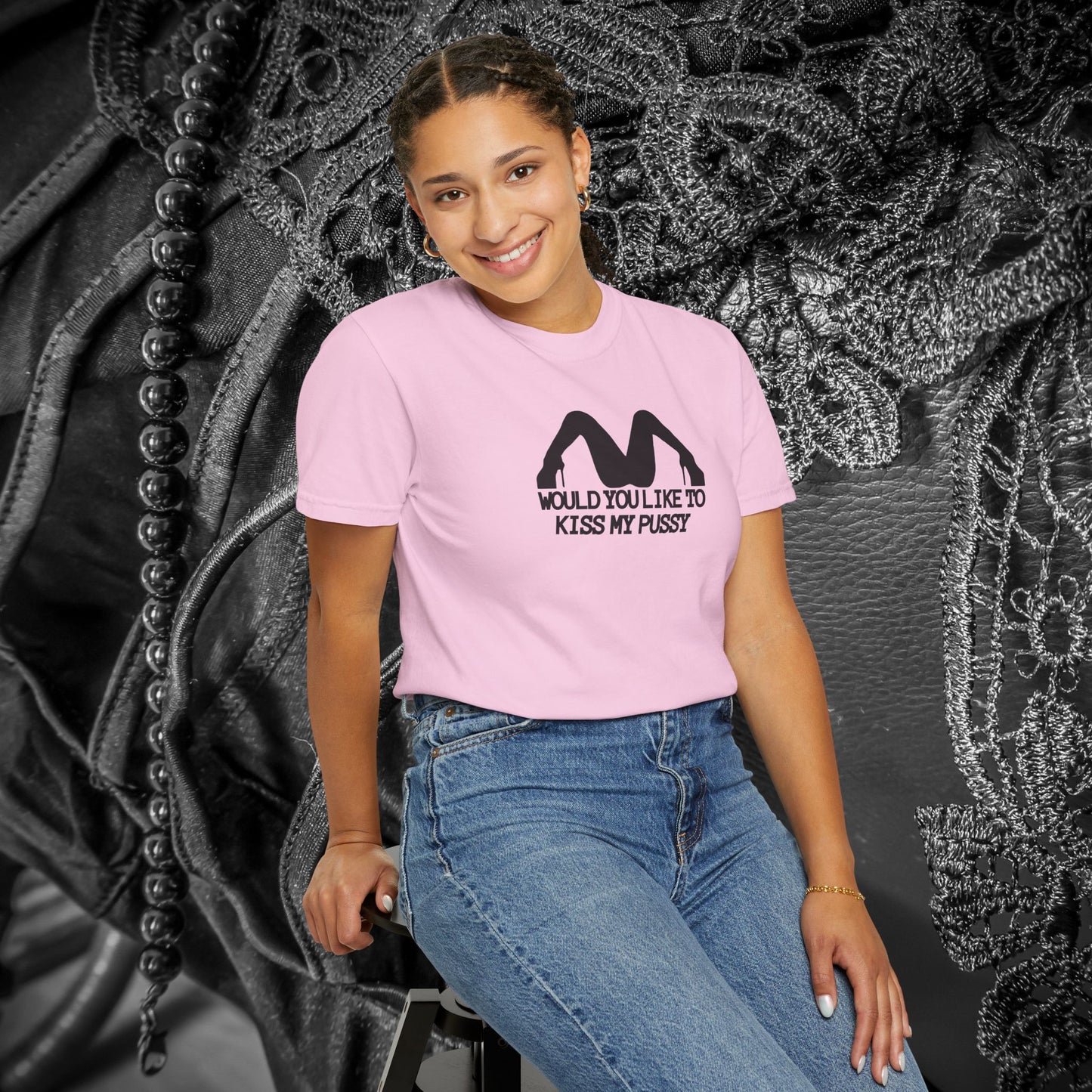 Would You Like to Kiss My P*ssy funny Ladies T-Shirt, Inappropriate NSFW Comfort Color Pepper tee