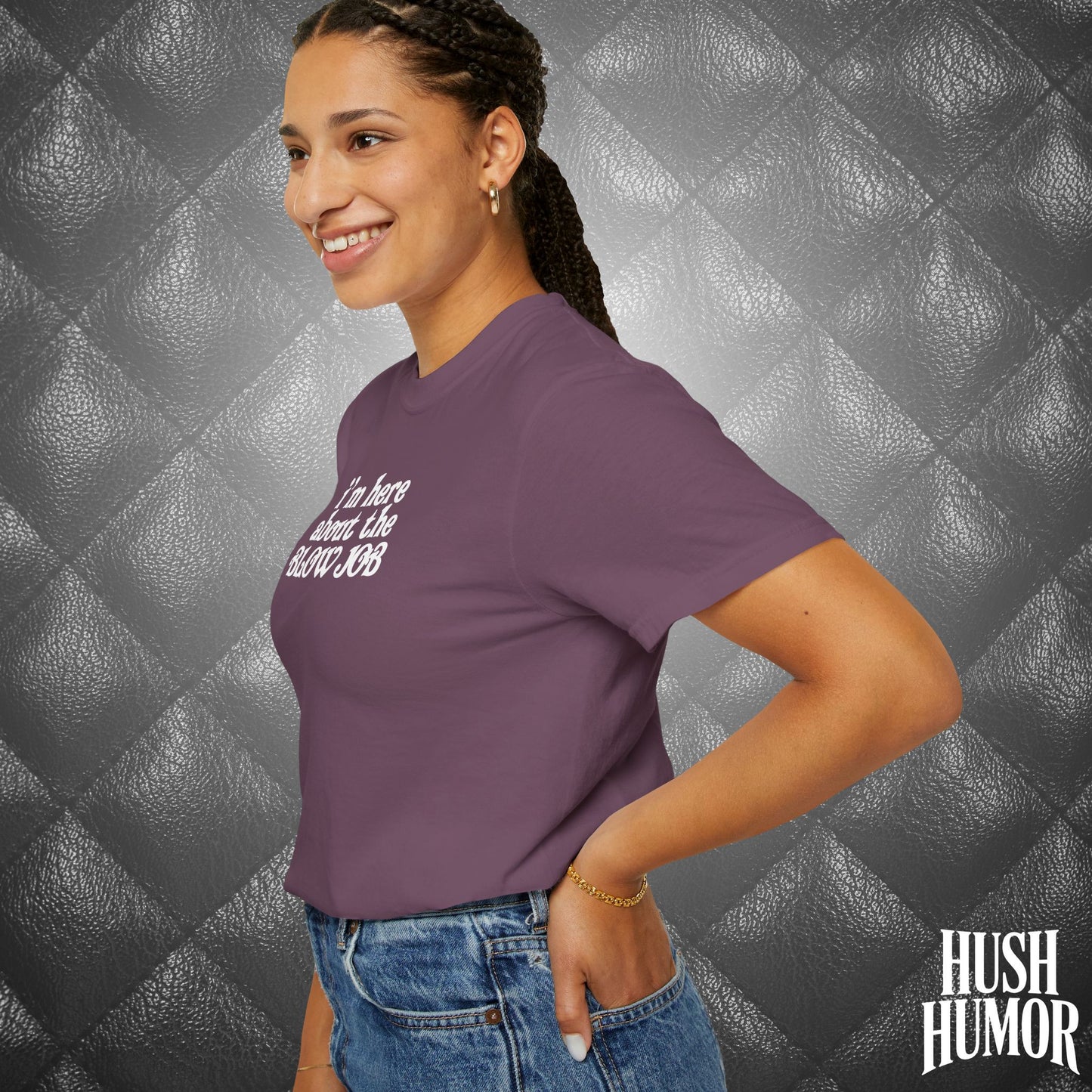 I'm Here About the Blow Job T-Shirt | Naughty Girl Sex Humor Tee | Sarcastic Dirty Shirt for Women | Hot Wife Adult Graphic Apparel