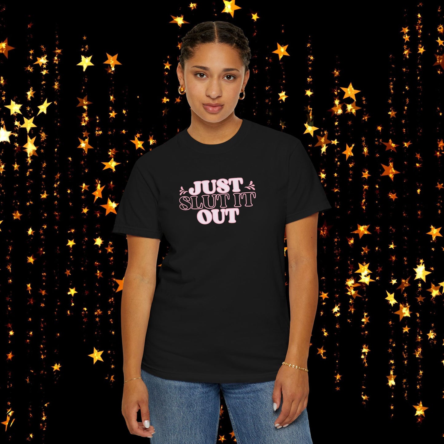 Just Slut it Out Tee, NSFW Rude party apparel, fun trendy summer party tshirt
