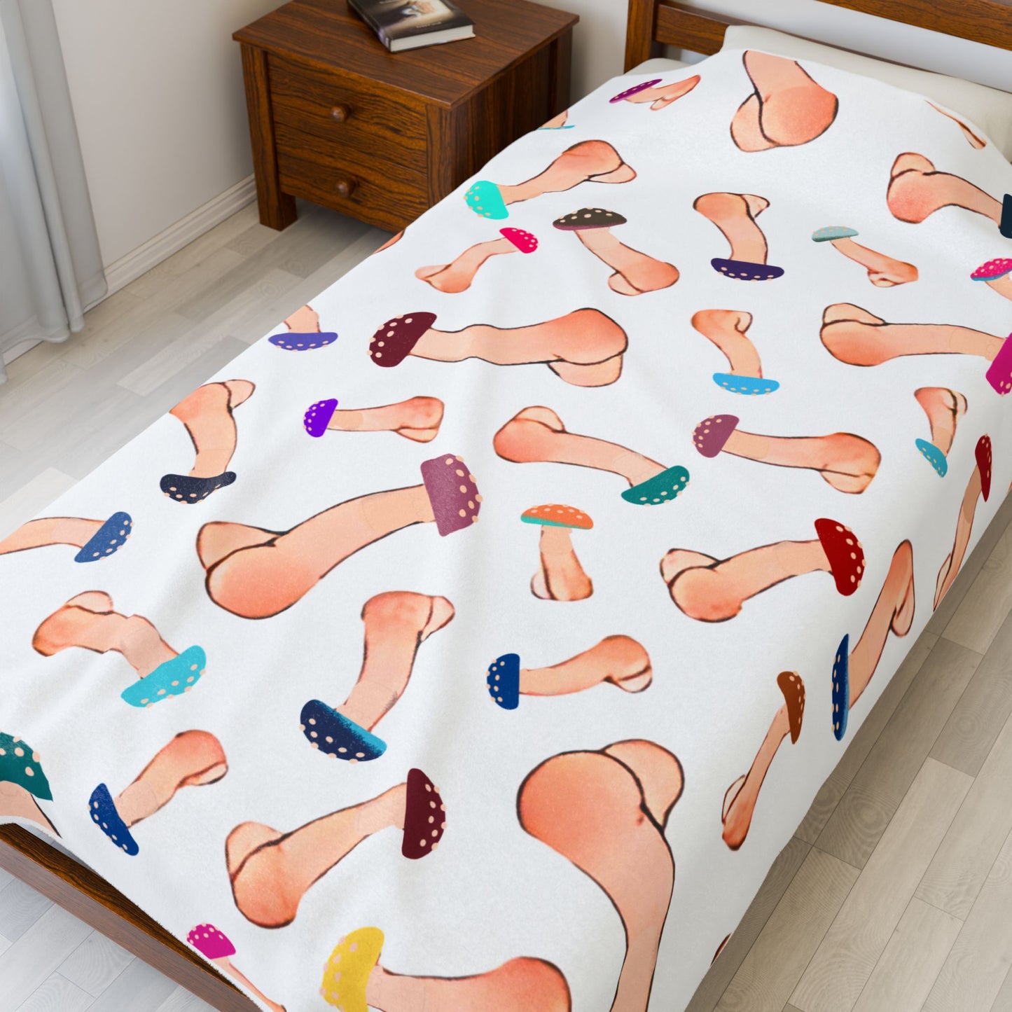 White Mushroom Capped Penis Blanket – Fun Adult Gift, Cozy Velveteen Plush Throw, Offensive Gag Gift