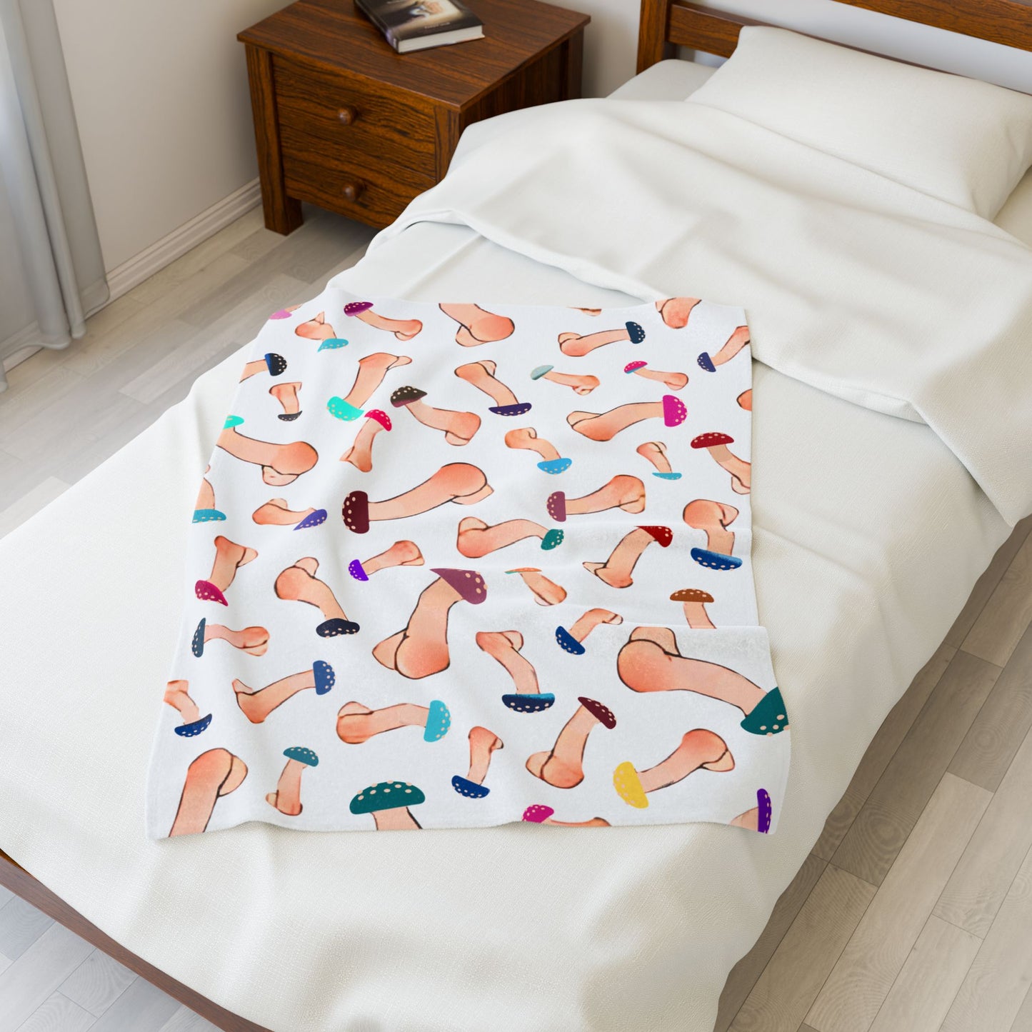 White Mushroom Capped Penis Blanket – Fun Adult Gift, Cozy Velveteen Plush Throw, Offensive Gag Gift