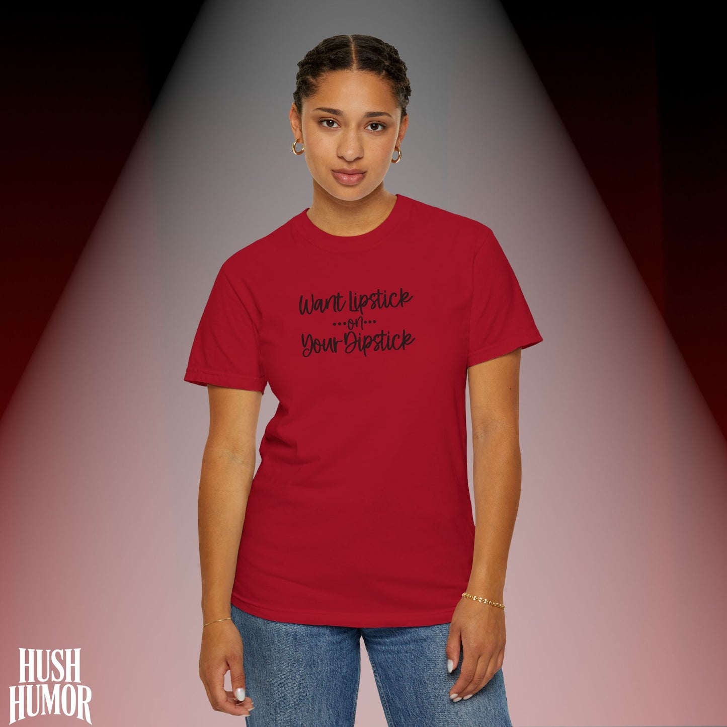 Lipstick on Your Dipstick T-Shirt | Naughty FEMdom Oral Art Tee for Women | Dirty Funny Sex Shirt | Inappropriate Bold Adult Party Apparel
