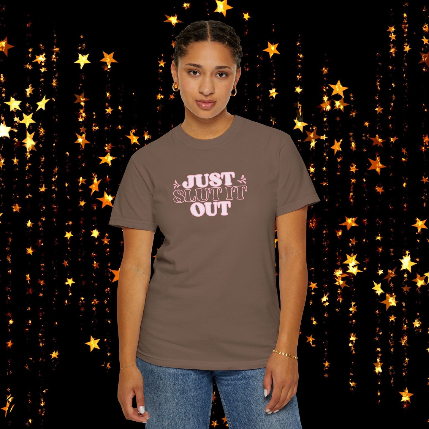 Just Slut it Out Tee, NSFW Rude party apparel, fun trendy summer party tshirt