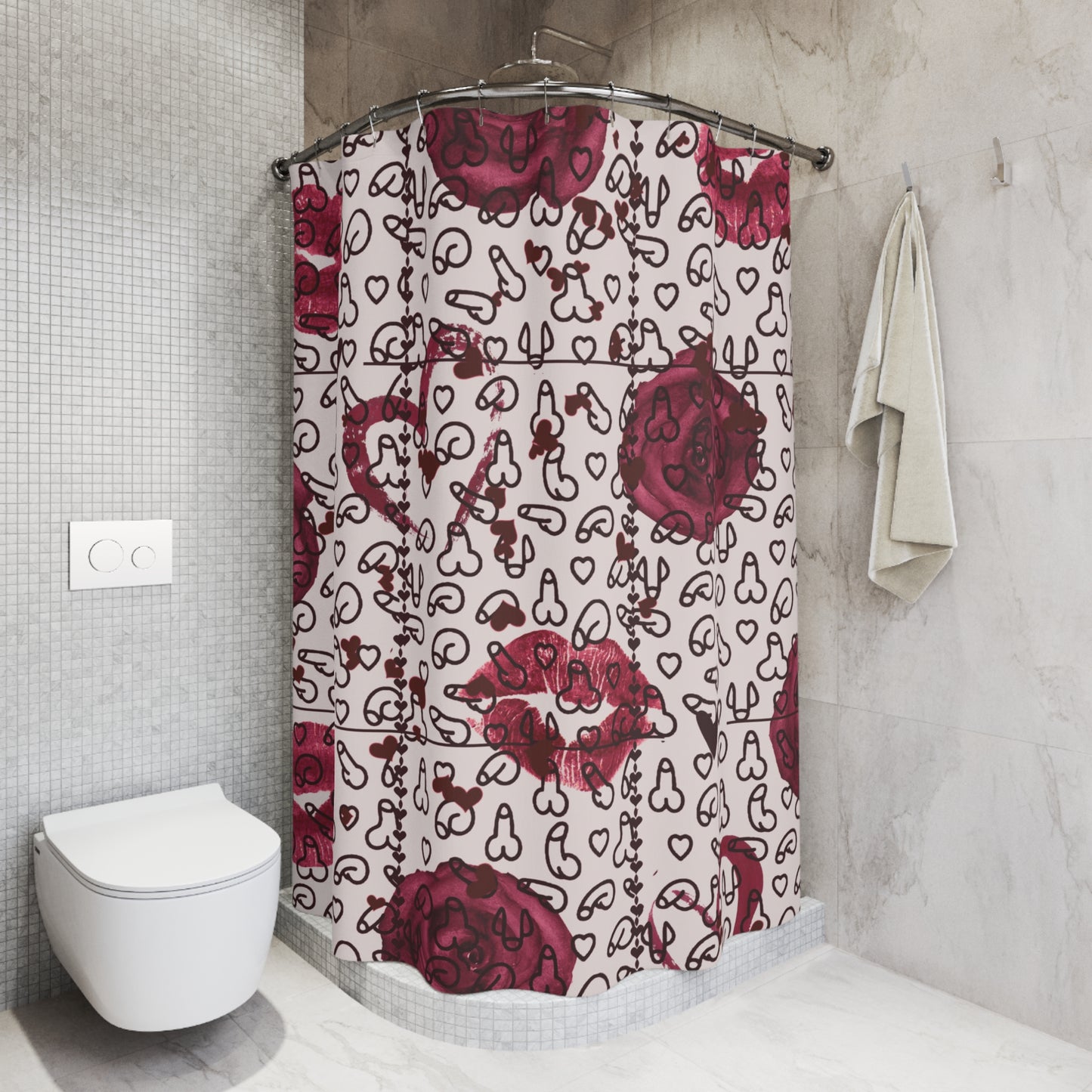 Naughty Shower Curtain – Sexy Penis Bathroom Decor with Roses & Hearts, Funny Gift for Couples