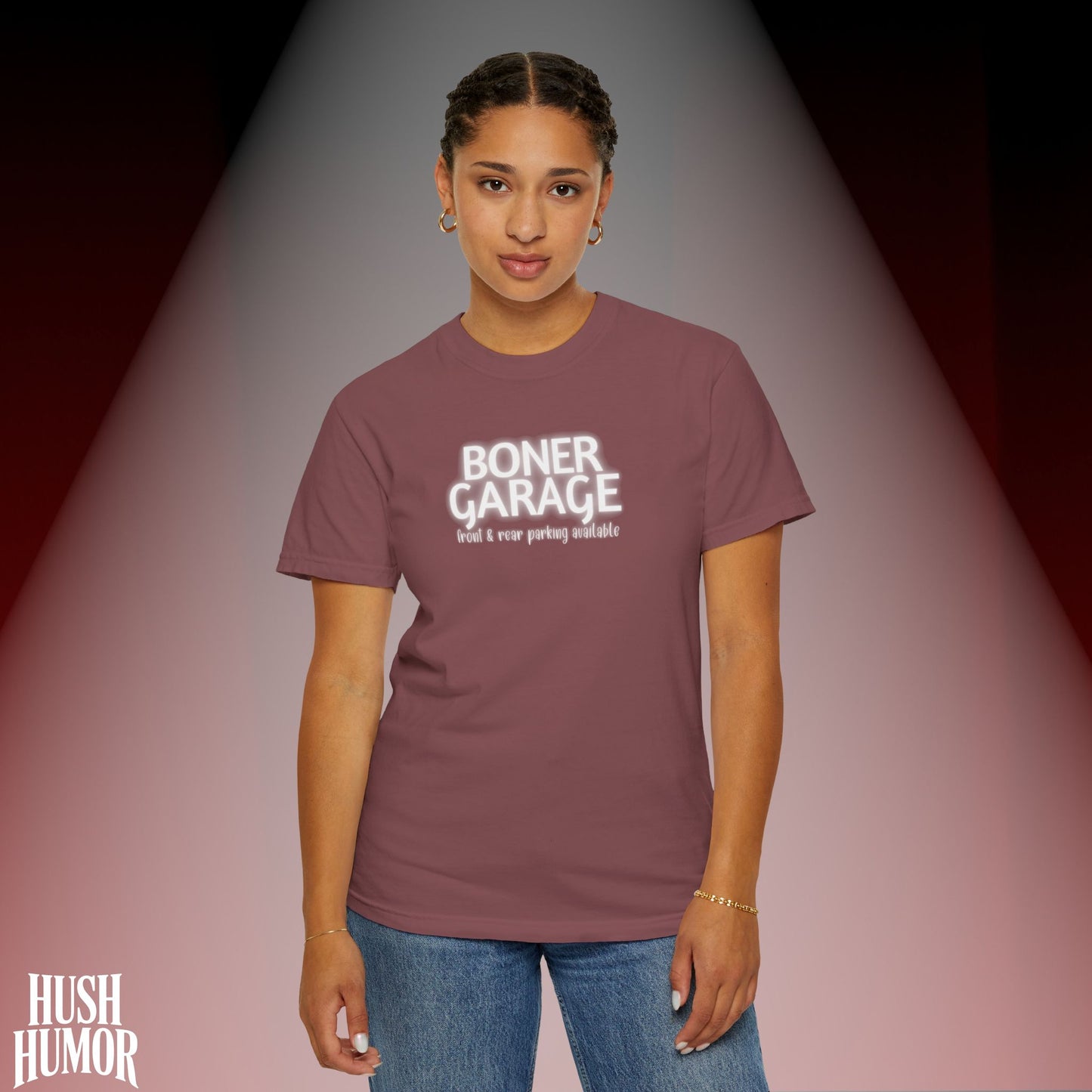 Boner Garage T-Shirt | Funny Naughty Graphic Tee for Women | Raunchy Dirty Suggestive Shirt | NSFW Inappropriate Sex Humor Shirt