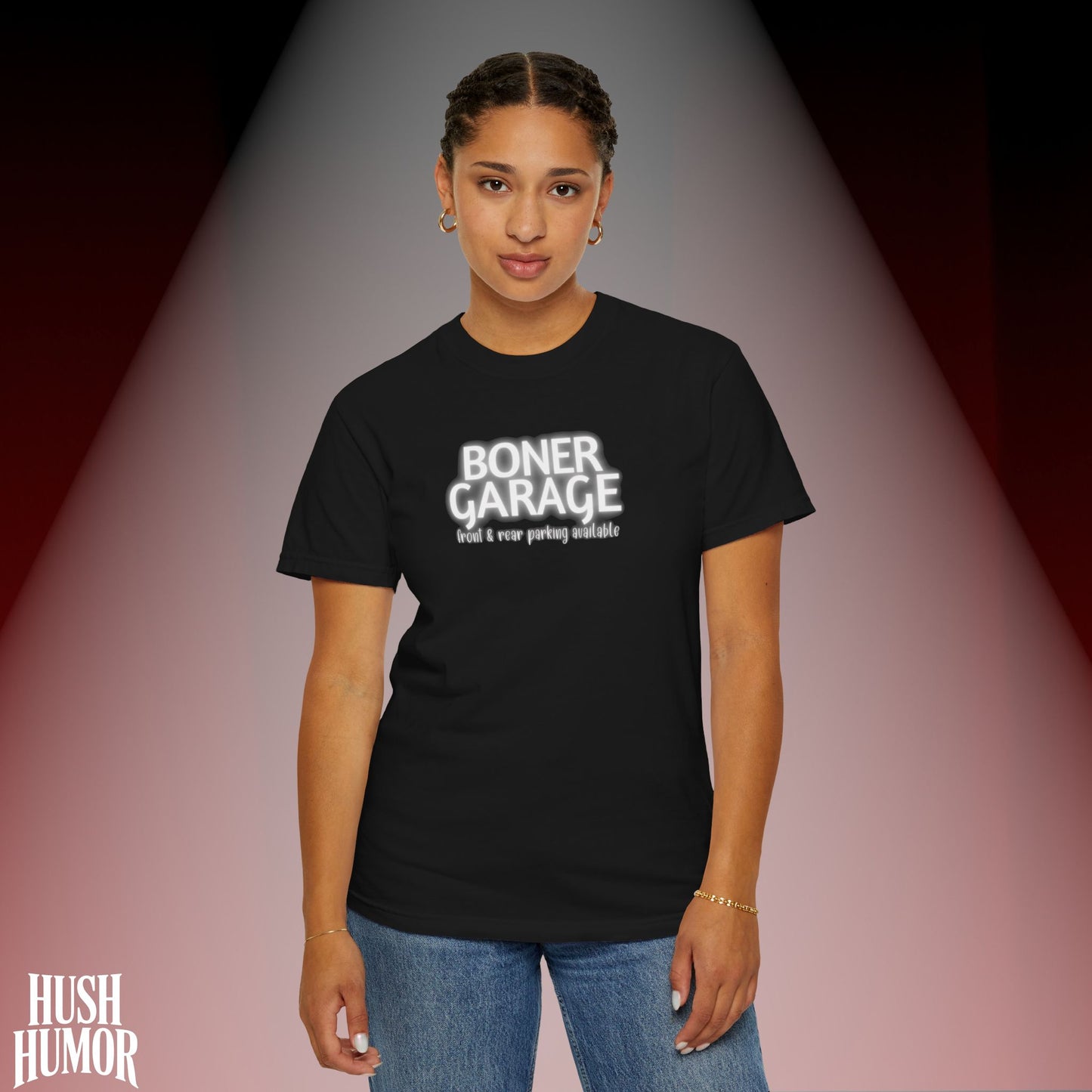 Boner Garage T-Shirt | Funny Naughty Graphic Tee for Women | Raunchy Dirty Suggestive Shirt | NSFW Inappropriate Sex Humor Shirt