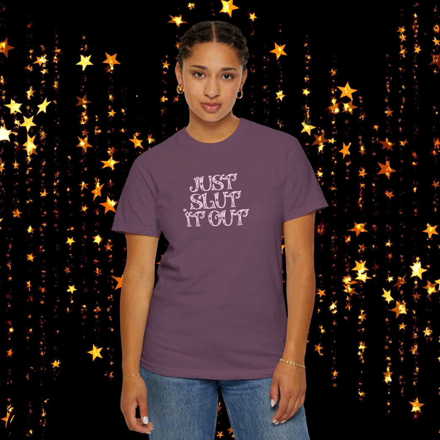 Just Slut it Out, NSFW Rude party apparel, fun trendy summer party tshirt