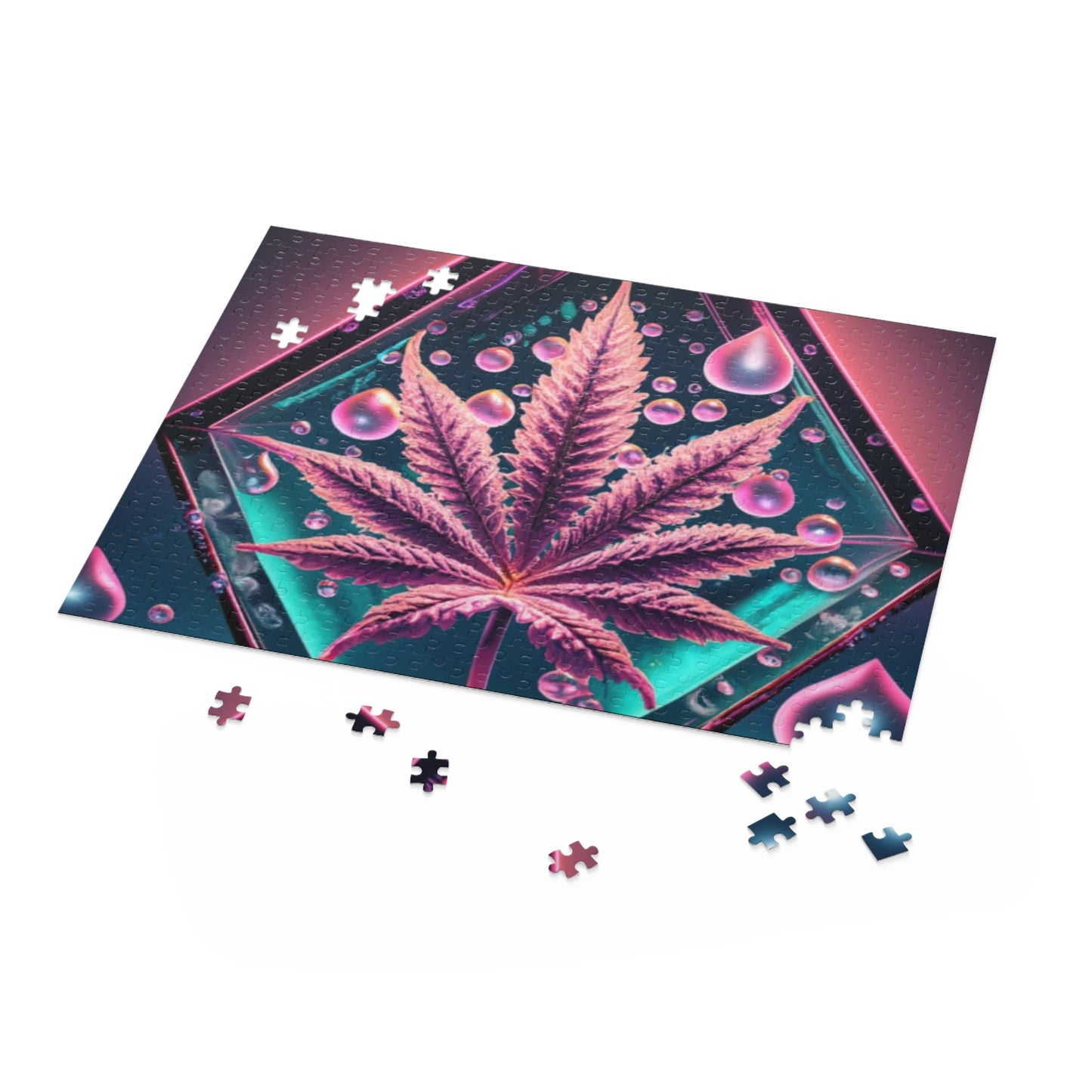 Pink Neon Leaf Puzzle – Edgy Pop Art Jigsaw with Drip Details | Bold Gift for Chill Minds