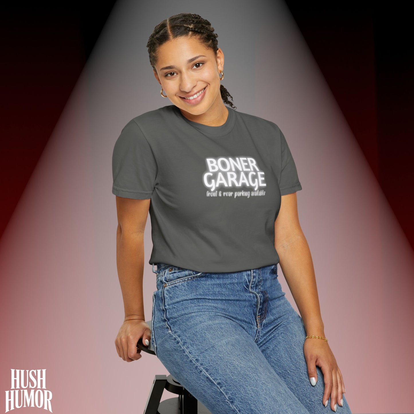 Boner Garage T-Shirt | Funny Naughty Graphic Tee for Women | Raunchy Dirty Suggestive Shirt | NSFW Inappropriate Sex Humor Shirt