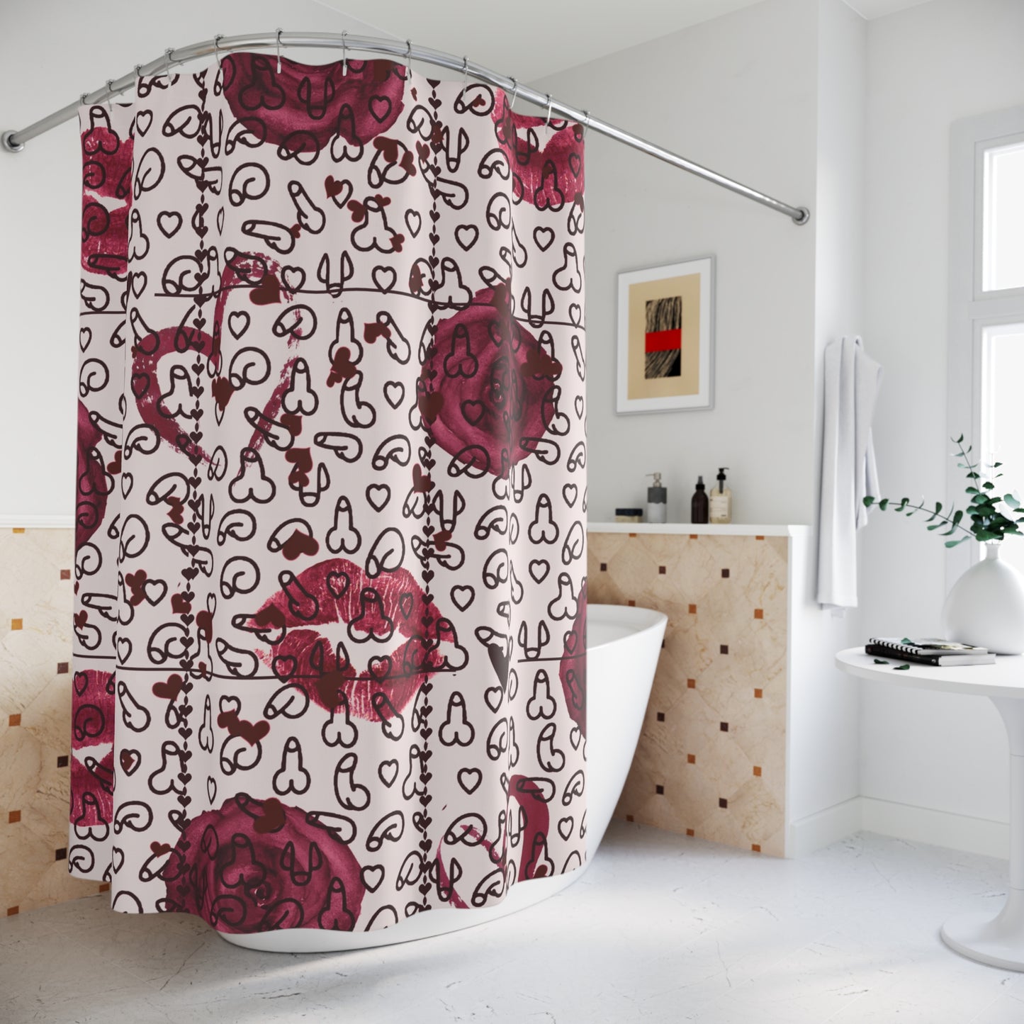 Naughty Shower Curtain – Sexy Penis Bathroom Decor with Roses & Hearts, Funny Gift for Couples