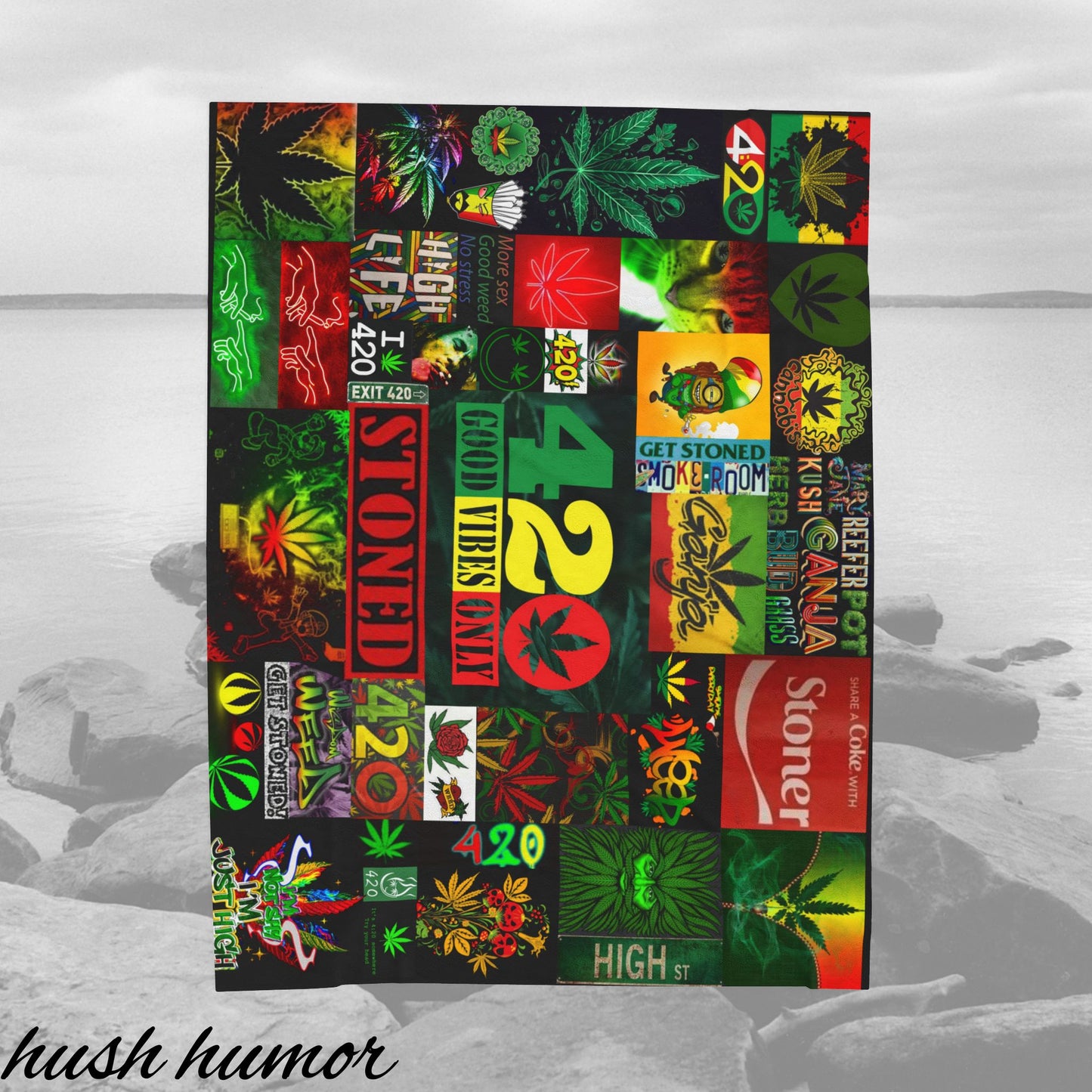 Velveteen Plush Blanket - Weed Blanket SMASH 420 Rasta Design