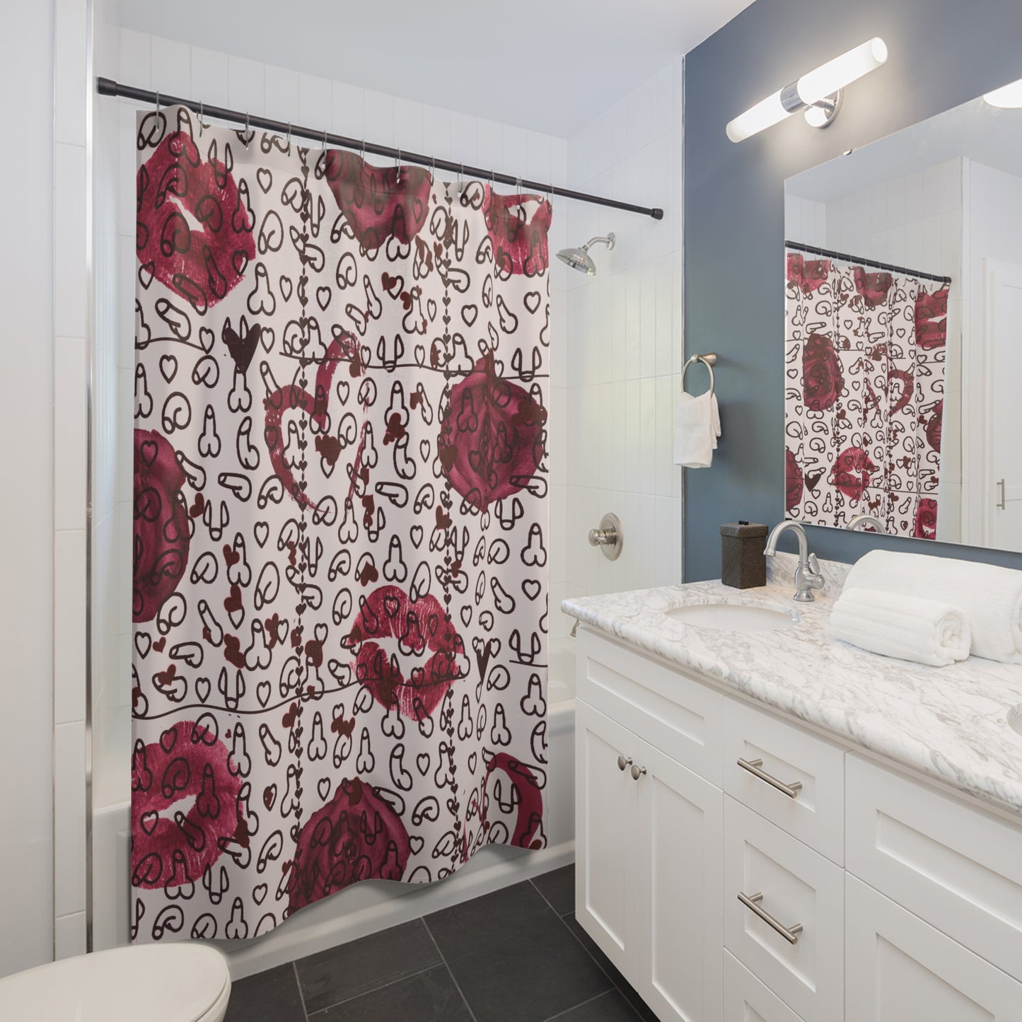 Naughty Shower Curtain – Sexy Penis Bathroom Decor with Roses & Hearts, Funny Gift for Couples