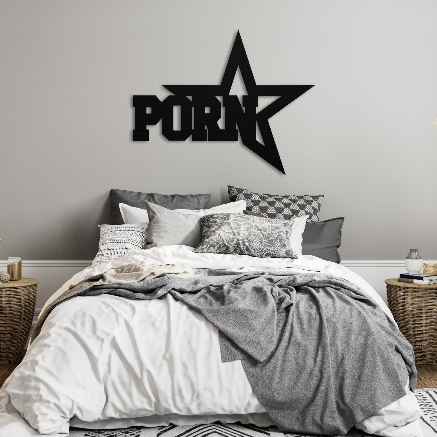 Star-shaped 'PoRN' wall decor in a bedroom setting.