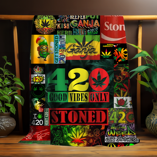 Velveteen Plush Blanket - Weed Blanket SMASH 420 Rasta Design