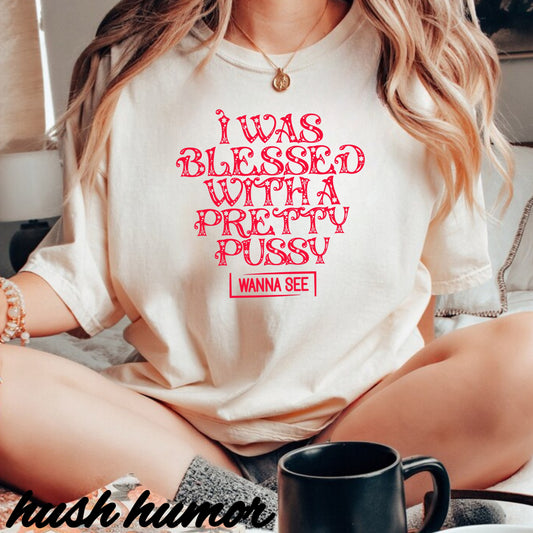 I Was Blessed with a Pretty Psssy Naughty T-Shirt – Girl Power FEMdom Shirt, Dirty MILF Gift, Hot Mom Graphic Tee, NSFW Summer Party Shirt
