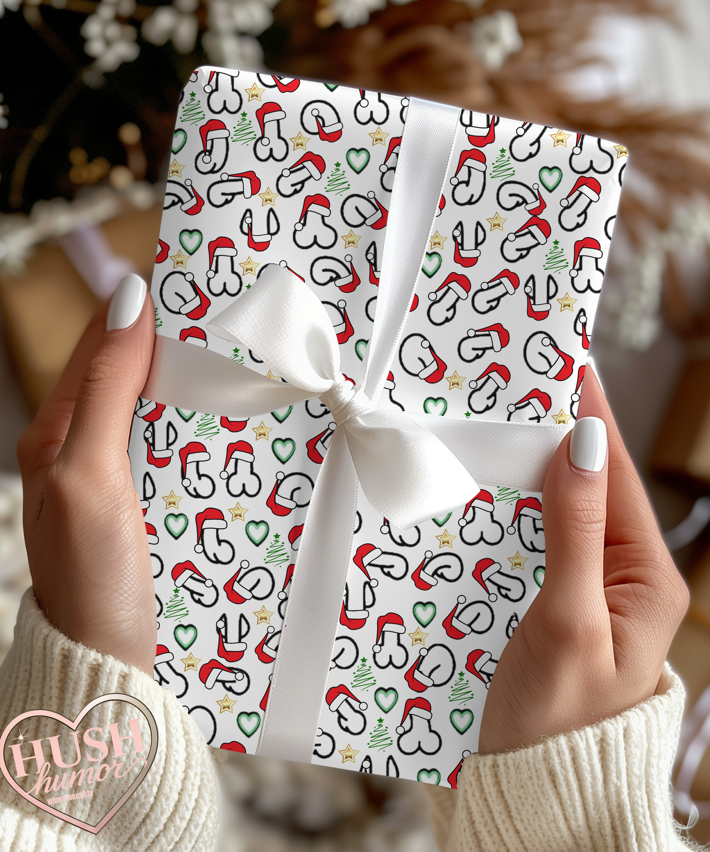 Christmas Penis Wrapping Paper – Naughty Holiday Gift Wrap with Santa Hats, Funny Adult Christmas Party Wrapping Paper