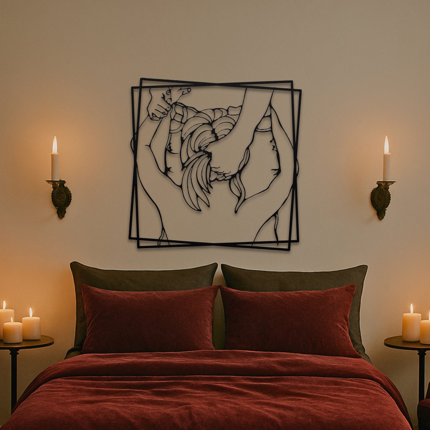 Girl giving head metal above bed art