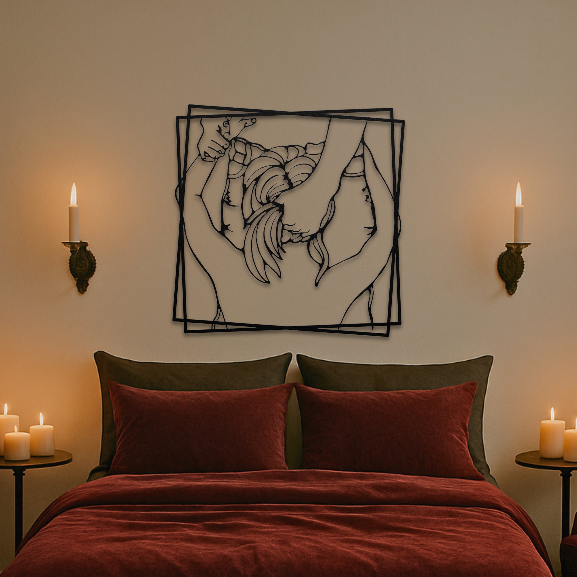 Girl giving head metal above bed art