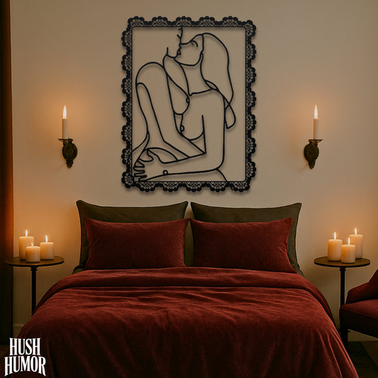 Framed Lesbian Lovers Metal Wall Art – Romantic Erotic LGBTQ Bedroom Decor, Female Couple Line Art in Lace Frame, Sexy Gift for Her or Wife