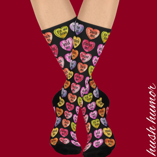 Fun Socks, BDSM Conversation heart Socks, Heart Design, Valentines Day Gift, Novelty Rude Humor, gag penis gift, funny gift for ladies