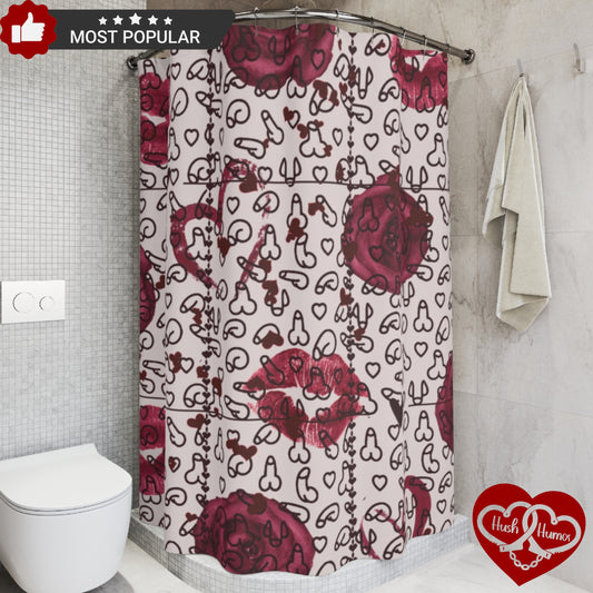 Naughty Shower Curtain – Sexy Penis Bathroom Decor with Roses & Hearts, Funny Gift for Couples