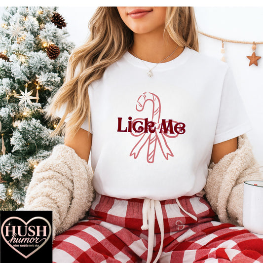 Lick Me Candy Cane Christmas Tee – Funny Adult Holiday Party Shirt